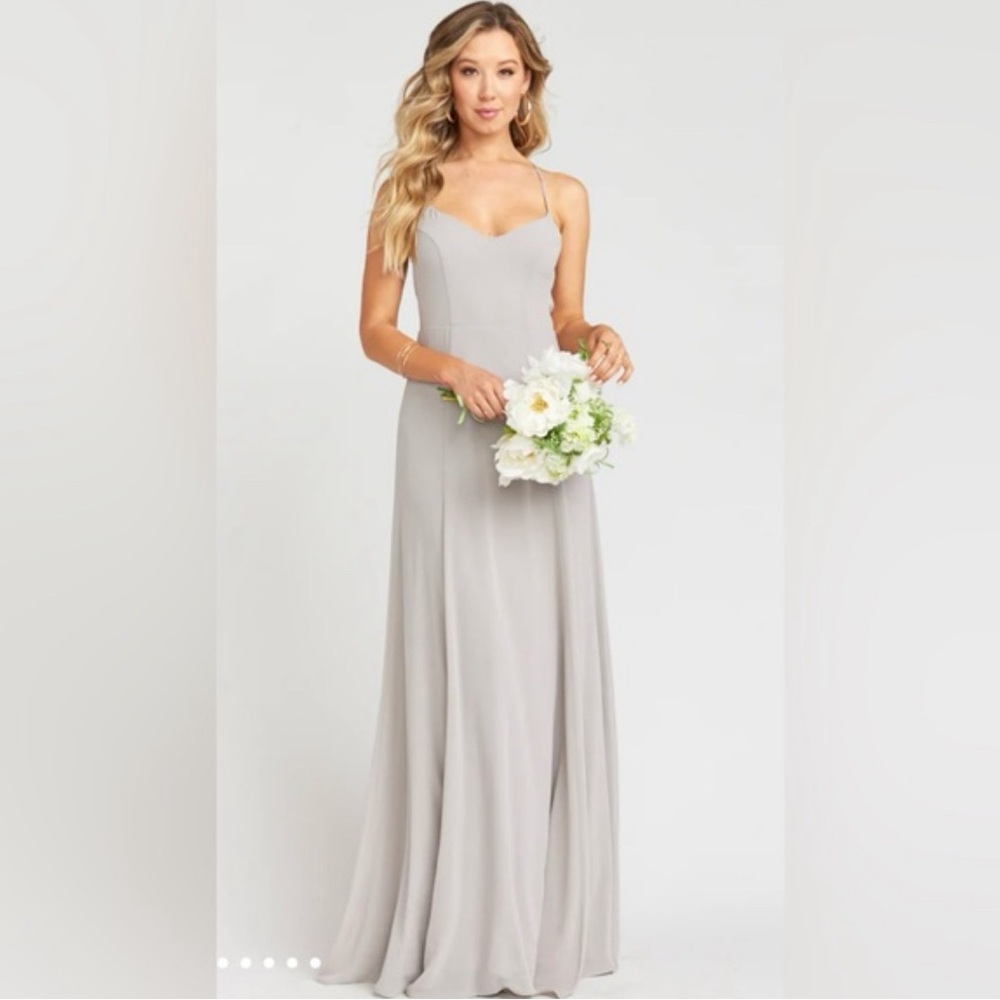 Show Me Your Mumu Godshaw Goddess Gown in Dove Grey Chiffon NWT Size Sm & Lg